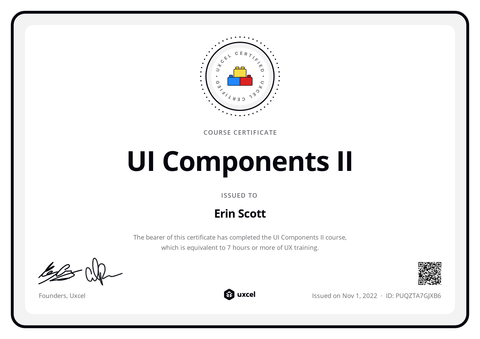 Erin Scott's certificate